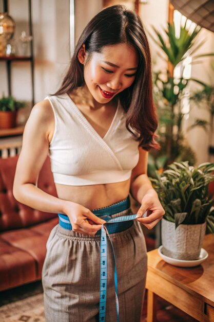 Asian Woman measuring her waist by blue measure tape