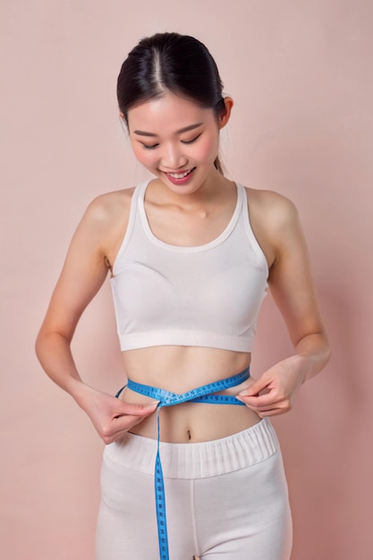 Photo asian woman measuring her waist by blue measure tape