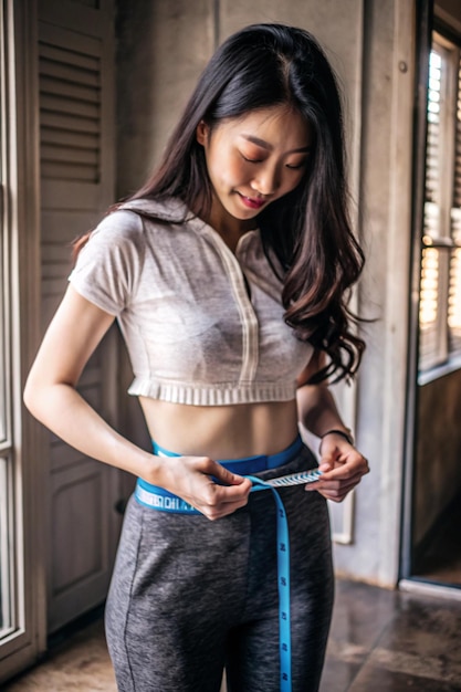 Asian Woman measuring her waist by blue measure tape