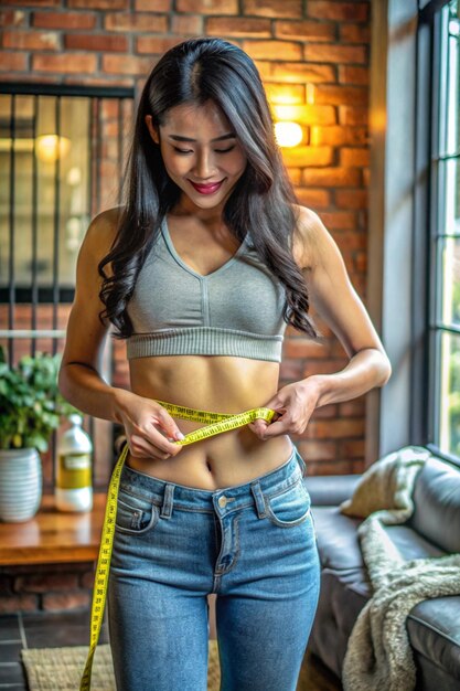 Asian Woman measuring her waist by blue measure tape