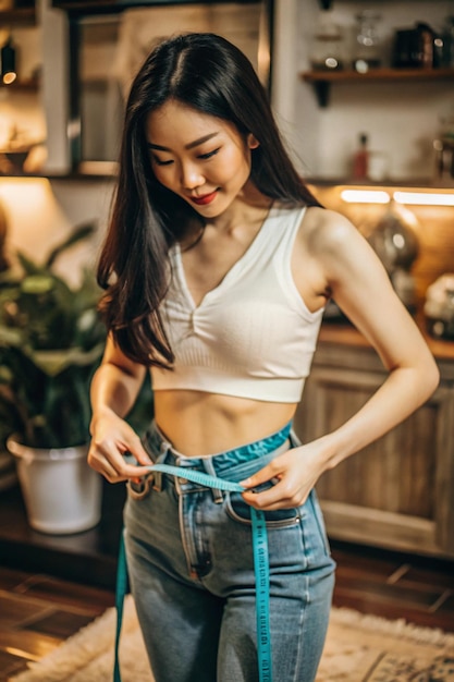 Photo asian woman measuring her waist by blue measure tape