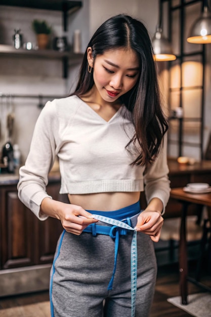 Asian Woman measuring her waist by blue measure tape