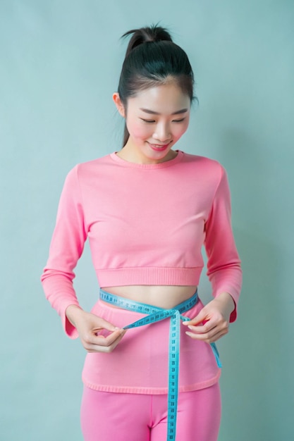 Asian Woman measuring her waist by blue measure tape