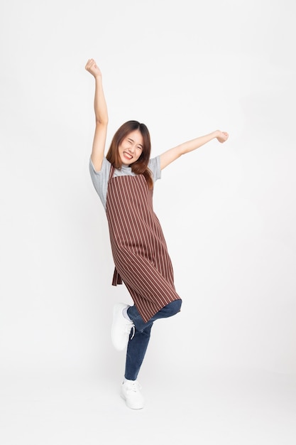 Photo asian woman workers standing and hands up raised arms from happiness