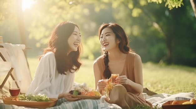 Photo asian women friends enjoying picnic together