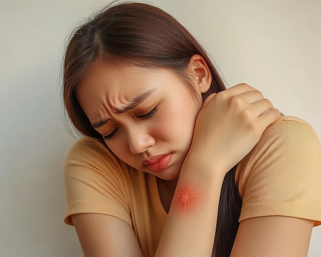 Foto una giovane donna asiatica si sente grattata e soffre di allergia.