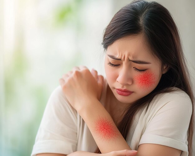 Foto una giovane donna asiatica si sente grattata e soffre di allergia.