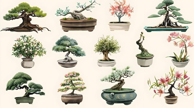 Photo assorted bonsai trees and potted plants in various designs and styles for home and garden decor desc