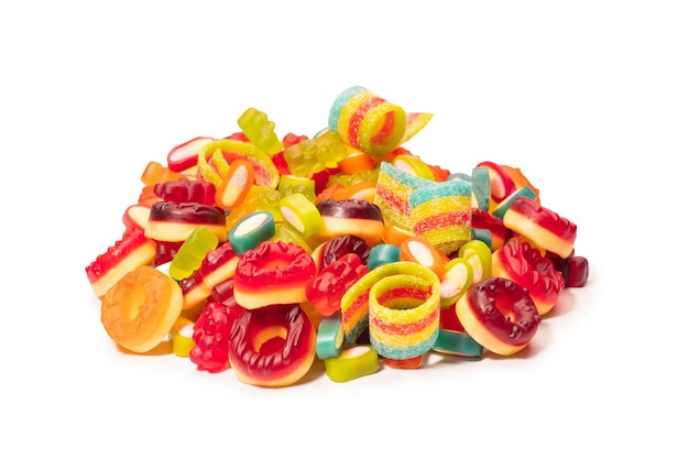 Assorted colorful gummy candies Top view Jelly donuts Jelly bears Isolated on a white background