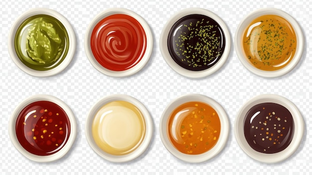 Photo assorted sauces in separate bowls each with distinct textures and colors placed