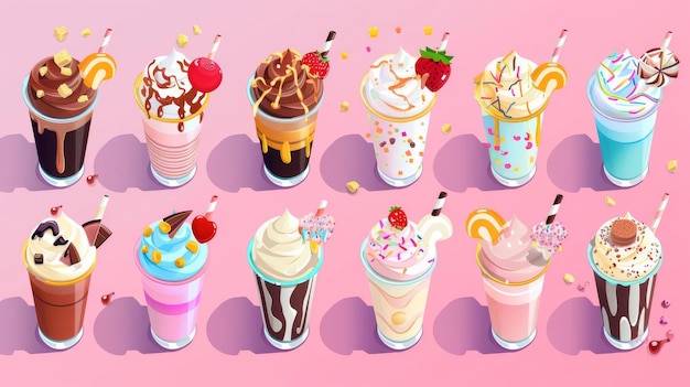 Foto assortiment kleurrijke en heerlijke milkshakes met verschillende toppings