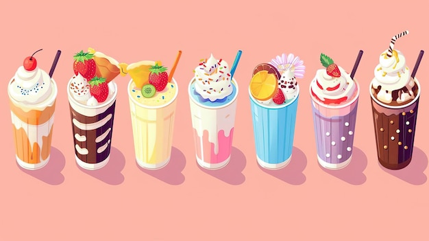 Photo assortment of colorful milkshakes with various toppings in plastic cups with straws