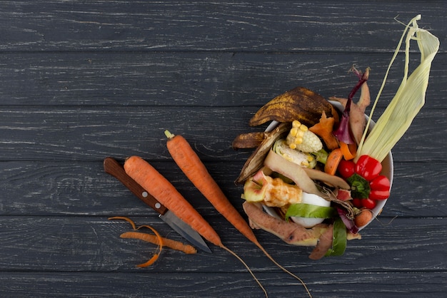 Assortment of compost made of rotten food with copy space