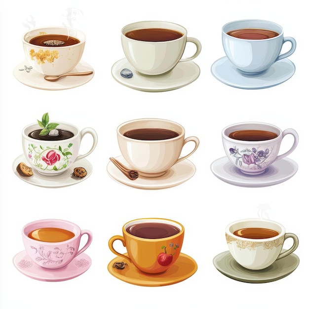 Photo assortment of different types of tea cups tea relaxation beverage clipart white background