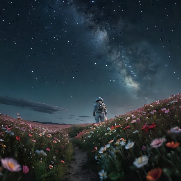 Foto astronauta in un campo di fiori che guarda le stelle