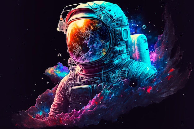 Astronaut in galaxy helmet reflecting bright stars and galaxies projected