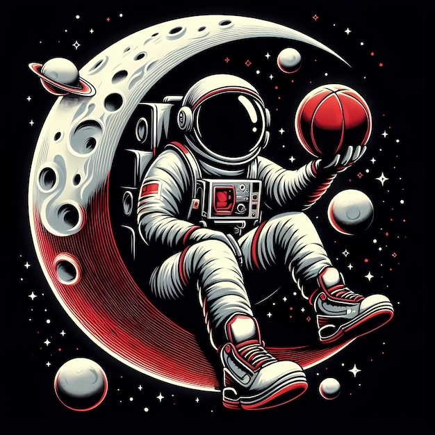 an astronaut is sitting on a moon with a red circle and the moon in the background