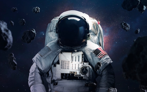 astronaut spacewalking at the awesome cosmic backgrounds with glowing stars and asteroids