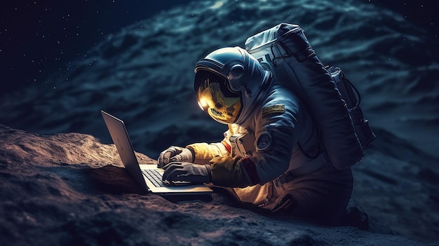 Astronaut using a laptop and light Generative AI