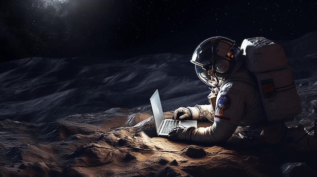 Astronaut using a laptop and light Generative AI