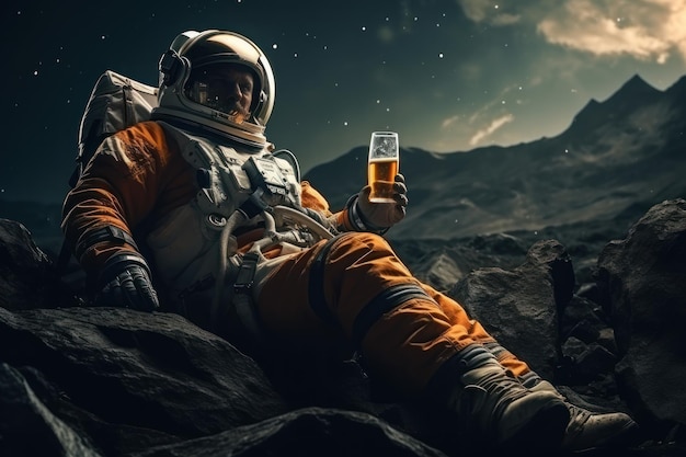 Astronaut with beer on another planet The concept of unlimited relaxation Generative AI