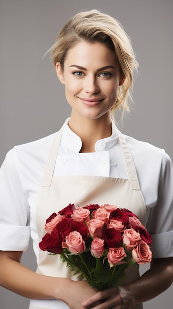 Attractive female chef in a clean white backdrop with a flower bouquet holding in hand for Valentines Day Generative AI