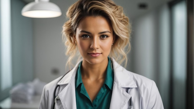 Attractive female doctor in front of medical group