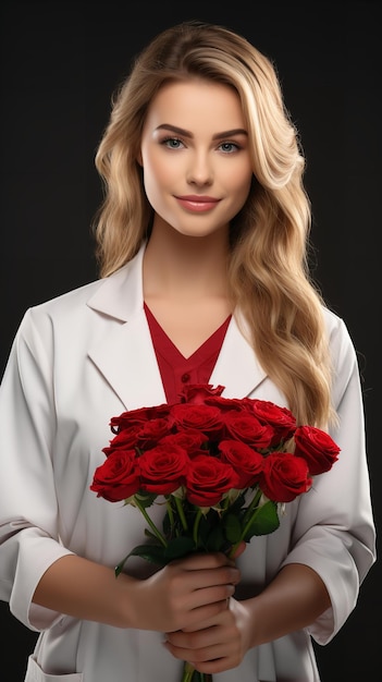 Attractive female doctor holding flower for Valentines Day in a dark backdrop Generative AI