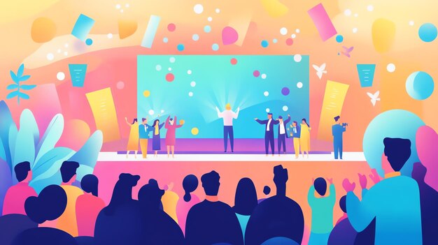 Photo audience applauding a speaker on stage with confetti