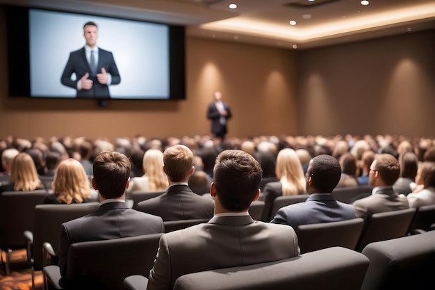 Foto il pubblico ascolta una presentazione su uno schermo in una sala conferenze