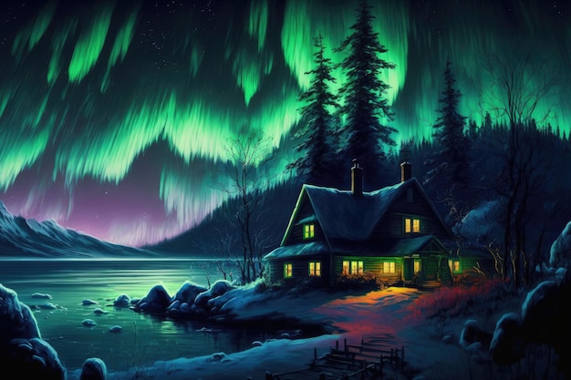 Photo aurora a nighttime landscape painting with a creative idea