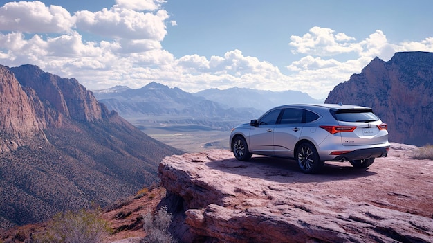 Photo automobile model on a cliff with mountains in the background