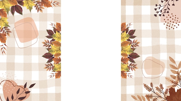 Photo autumn background with maple leaves and brown checkered fabric