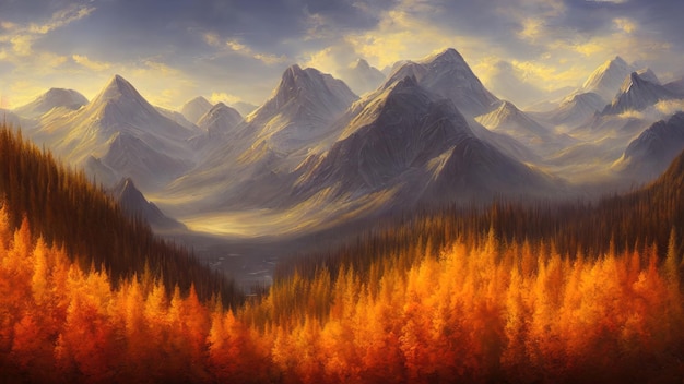 Autumn landscape of mountains yellow orange foliage of trees Autumn has come the forest is in fiery colors 3d illustration