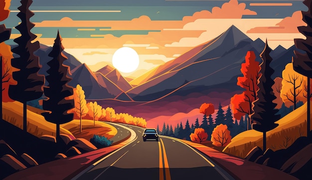 Autumn landscape with car road ai generated