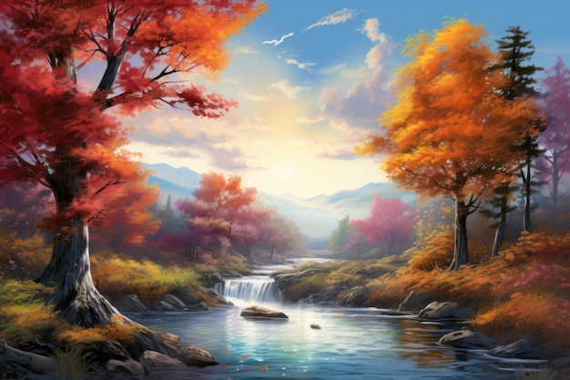 Autumn landscape with mountain river and colorful trees