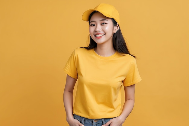 Foto aziatische vrouw met een geel t-shirt met een glimlachende hoed op een gele achtergrond