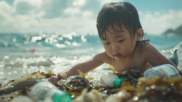 Photo a baby plays in the water with a lot of trash