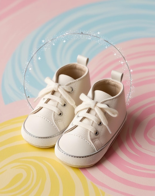 Photo babys little sneakers on a colorful background the concept of waiting for a baby