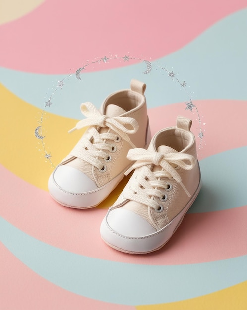 Photo babys little sneakers on a colorful background the concept of waiting for a baby