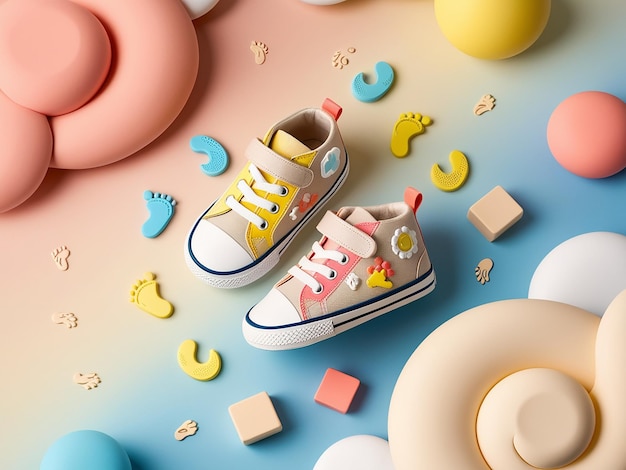 Photo babys little sneakers on a colorful background the concept of waiting for a baby