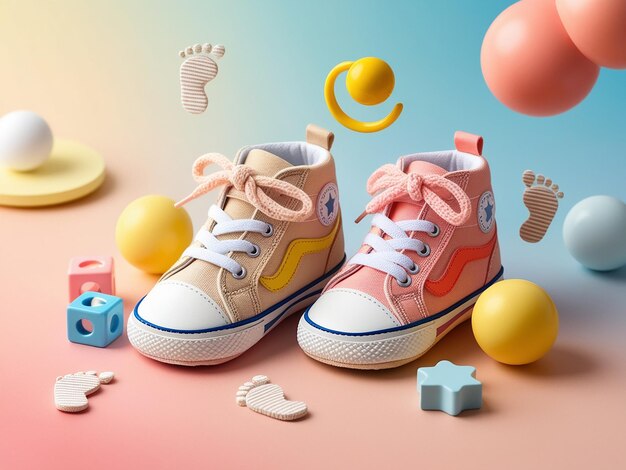 Photo babys little sneakers on a colorful background the concept of waiting for a baby