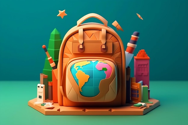 Back to school concept with school bag related object 3d low poly graphic generative AI