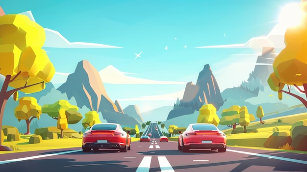 Photo back view of cars driving on a highway with trees by side and mountain landscape under blue skies at sunny day traveling to a national park cartoon modern illustration