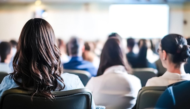 Foto la parte posteriore della testa di una donna in una sala conferenze