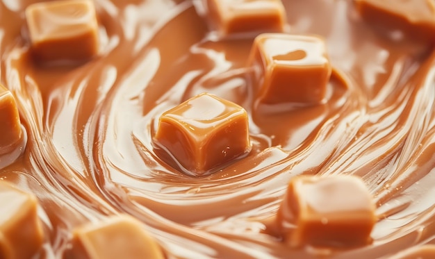 Photo background of caramel toffee cubes and melted caramel