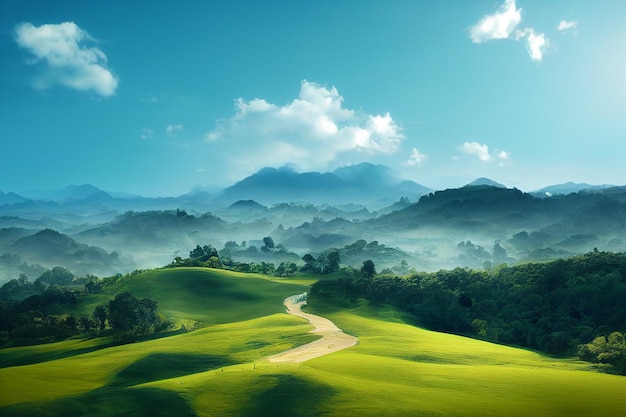 Photo background of green grass field on hills and blue sky 2d illustration