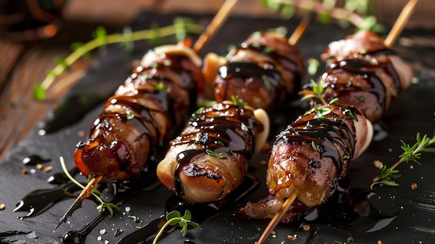 Baconwrapped dates stuffed with goat cheese and drizzled with balsamic glaze