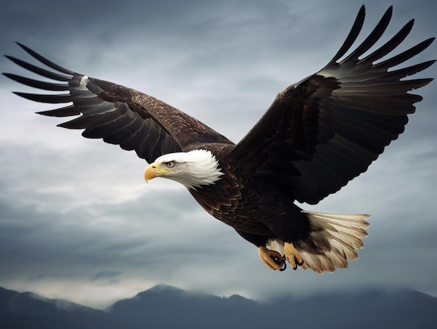 A bald eagle flies in the sky with mountains in the background.