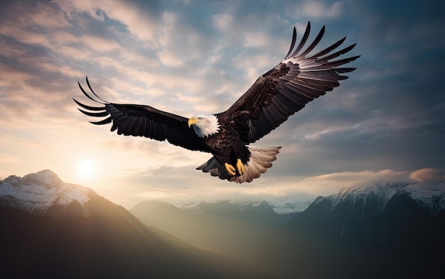 Bald eagle soaring in the sky with wings spread wide The background is cloud Generative AI